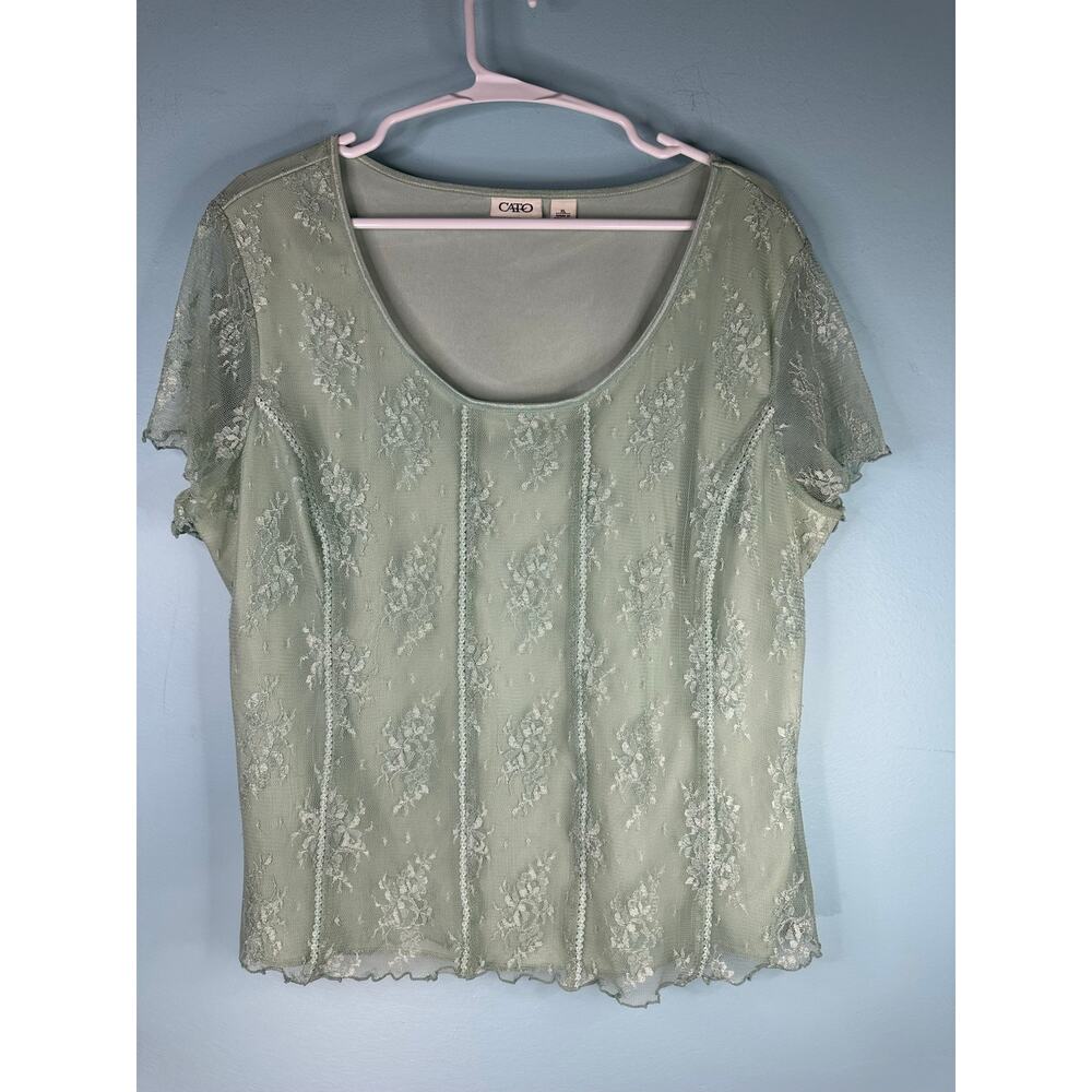 Cato green lace top with short sleeves and a scalloped hem small